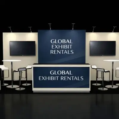 Professional exhibition booth with reception desk, screens, and seating